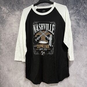 Nashville Men's Crewneck 3/4 Sleeve Shirt Graphic Skyline Guitars XL Black White